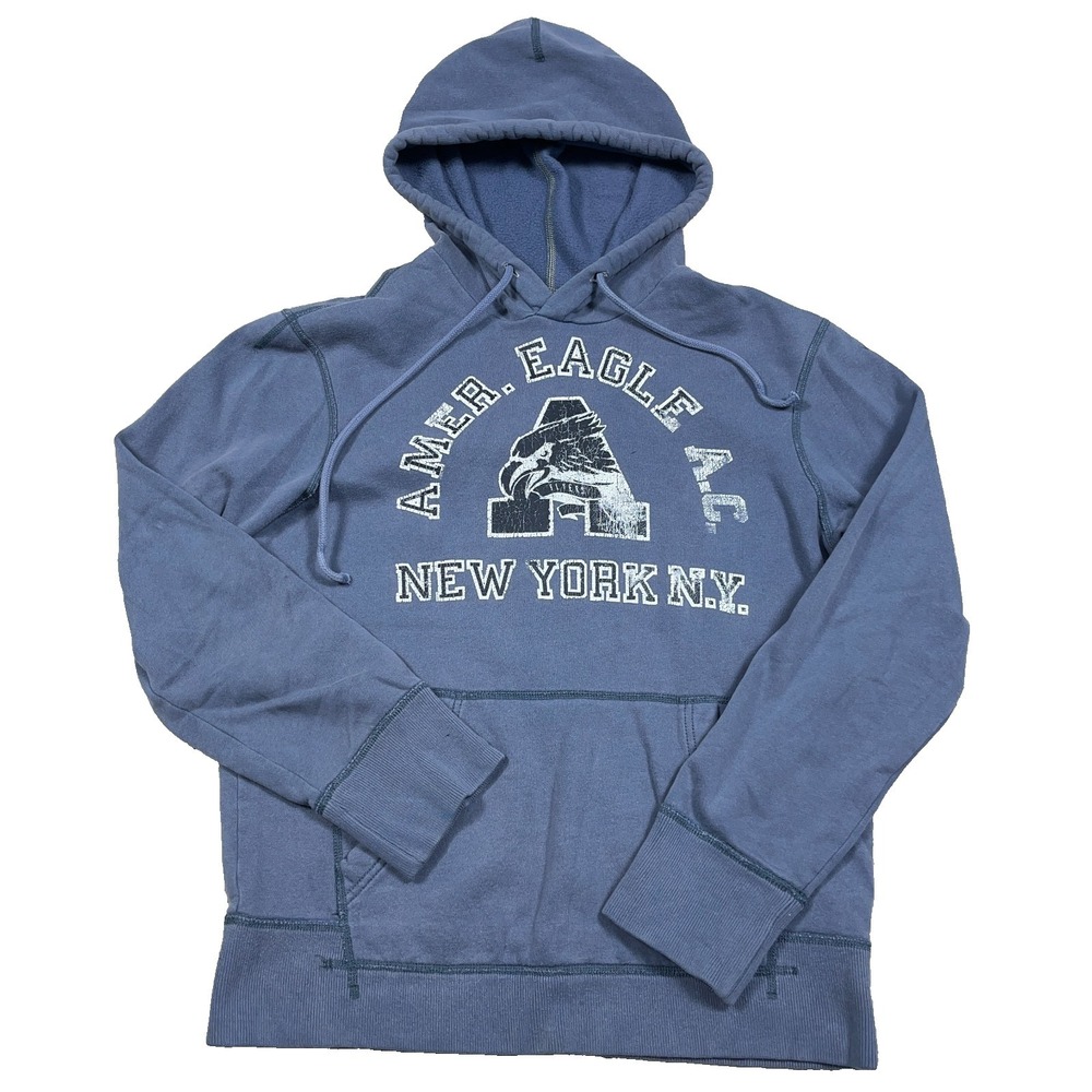 Vintage Y2K American Eagle Hoodie Men Medium Sweatshirt 2000s Faded New York AEO